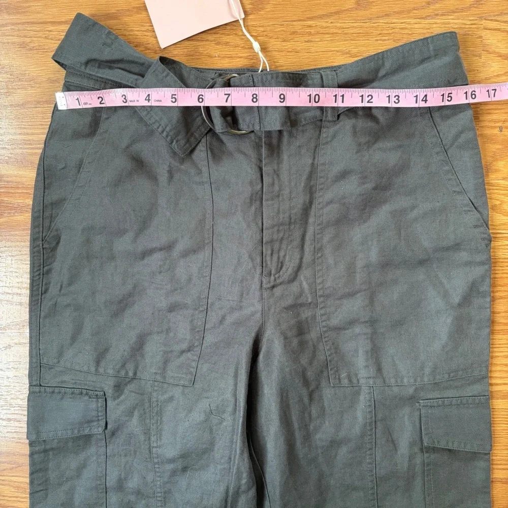 NWT Quince Organic Cotton Linen Ankle Cargo Pants D-Ring Belt Olive Green Medium